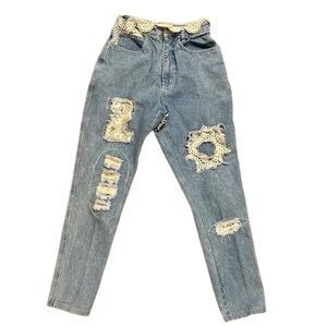 Vintage 90s Zip Code High Waist Lace Patchwork Jeans Size 9/10 Boho Chic
